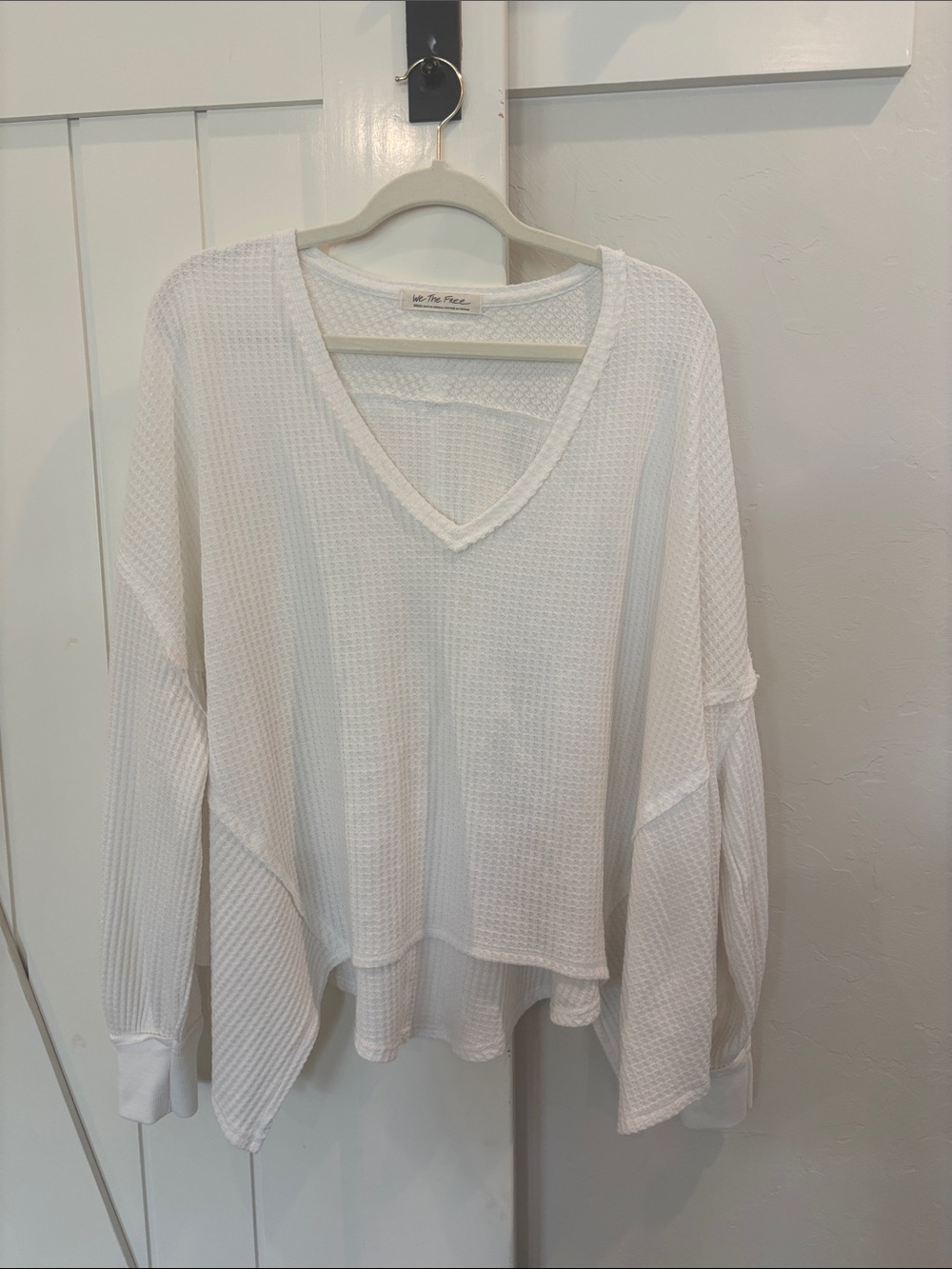 We The Free White Waffle V-Neck Long Sleeve Pullover Top